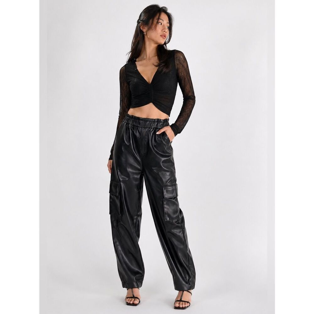 Miss Selfridge High Waisted Faux Leather Cargo Trousers Black 12